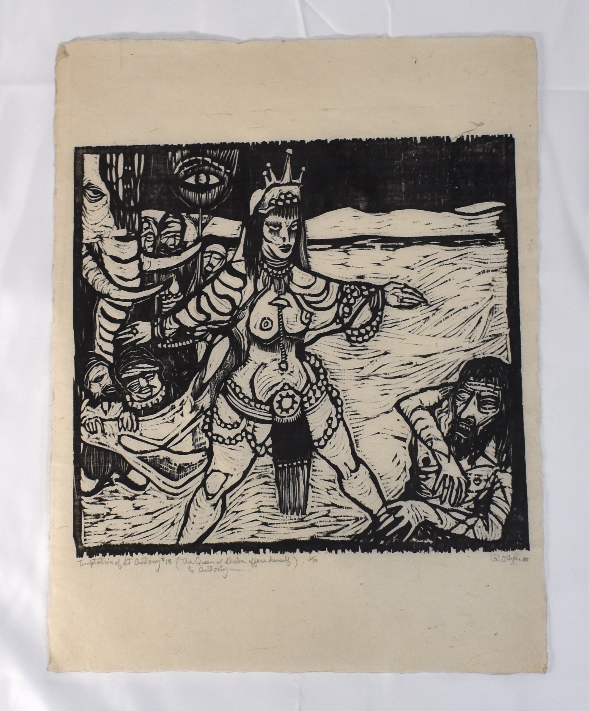 R.O. Tyler Black + White Woodcut Print, 'Temptation of St. Antony' Signed + Numbered