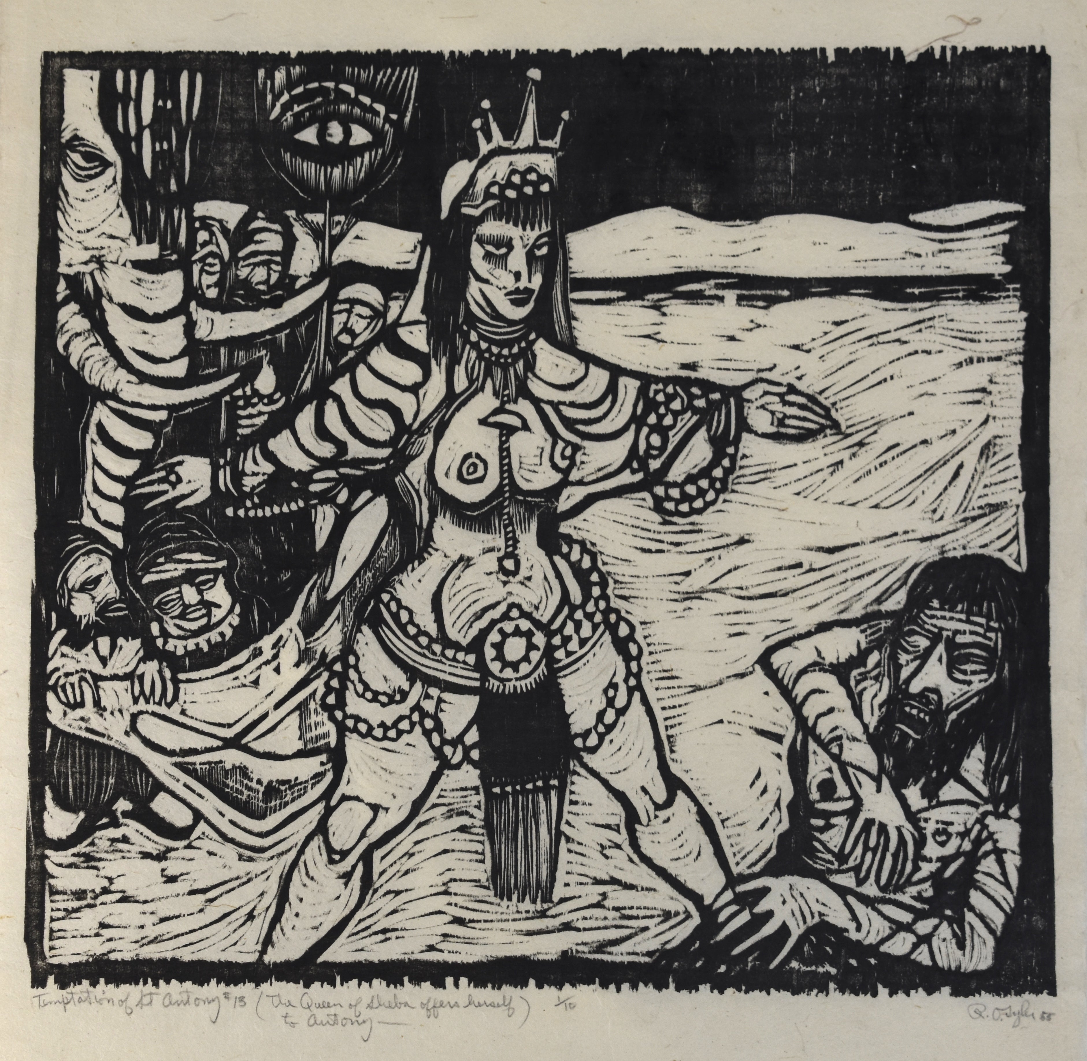 R.O. Tyler Black + White Woodcut Print, 'Temptation of St. Antony' Signed + Numbered
