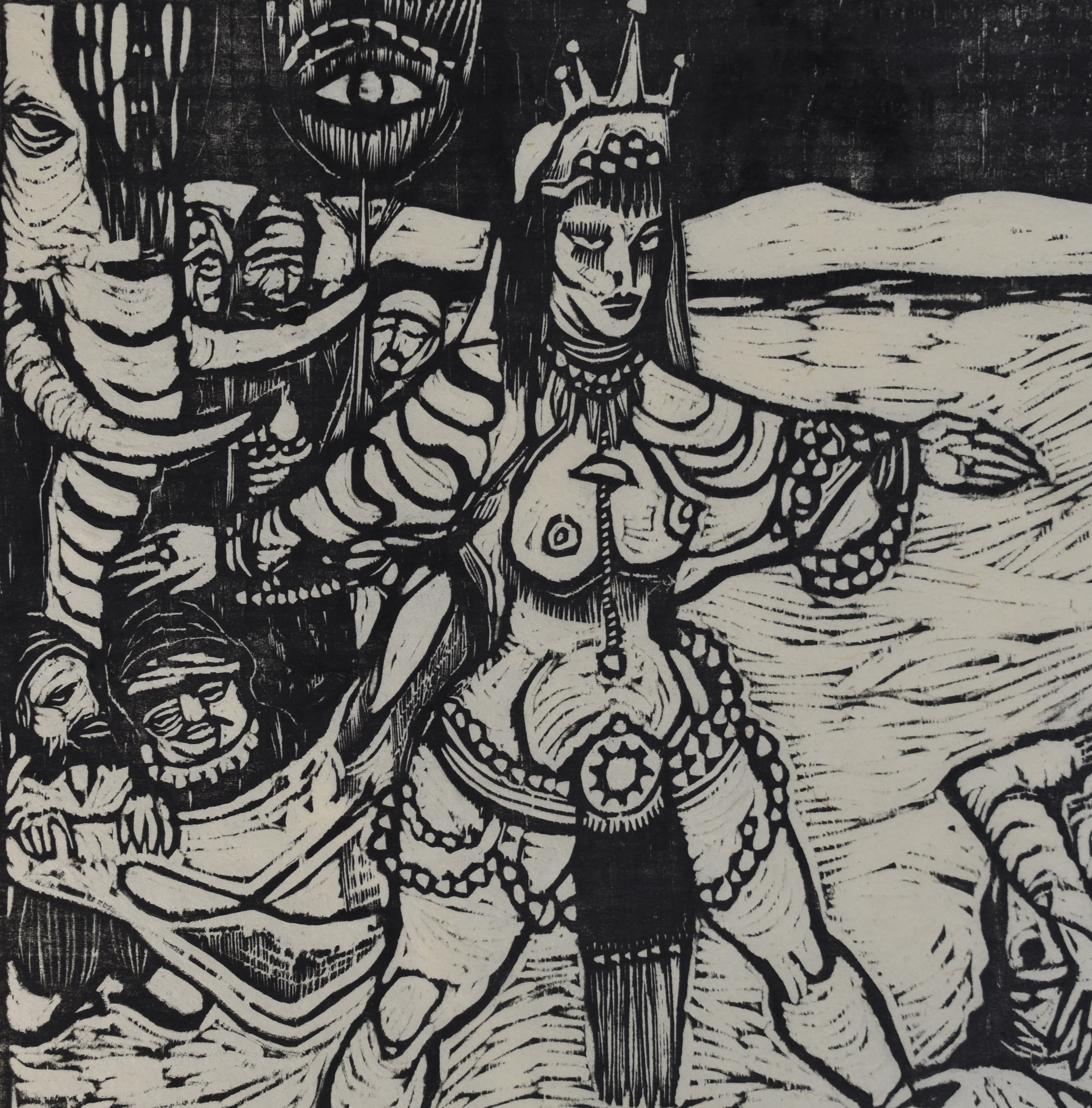 R.O. Tyler Black + White Woodcut Print, 'Temptation of St. Antony' Signed + Numbered