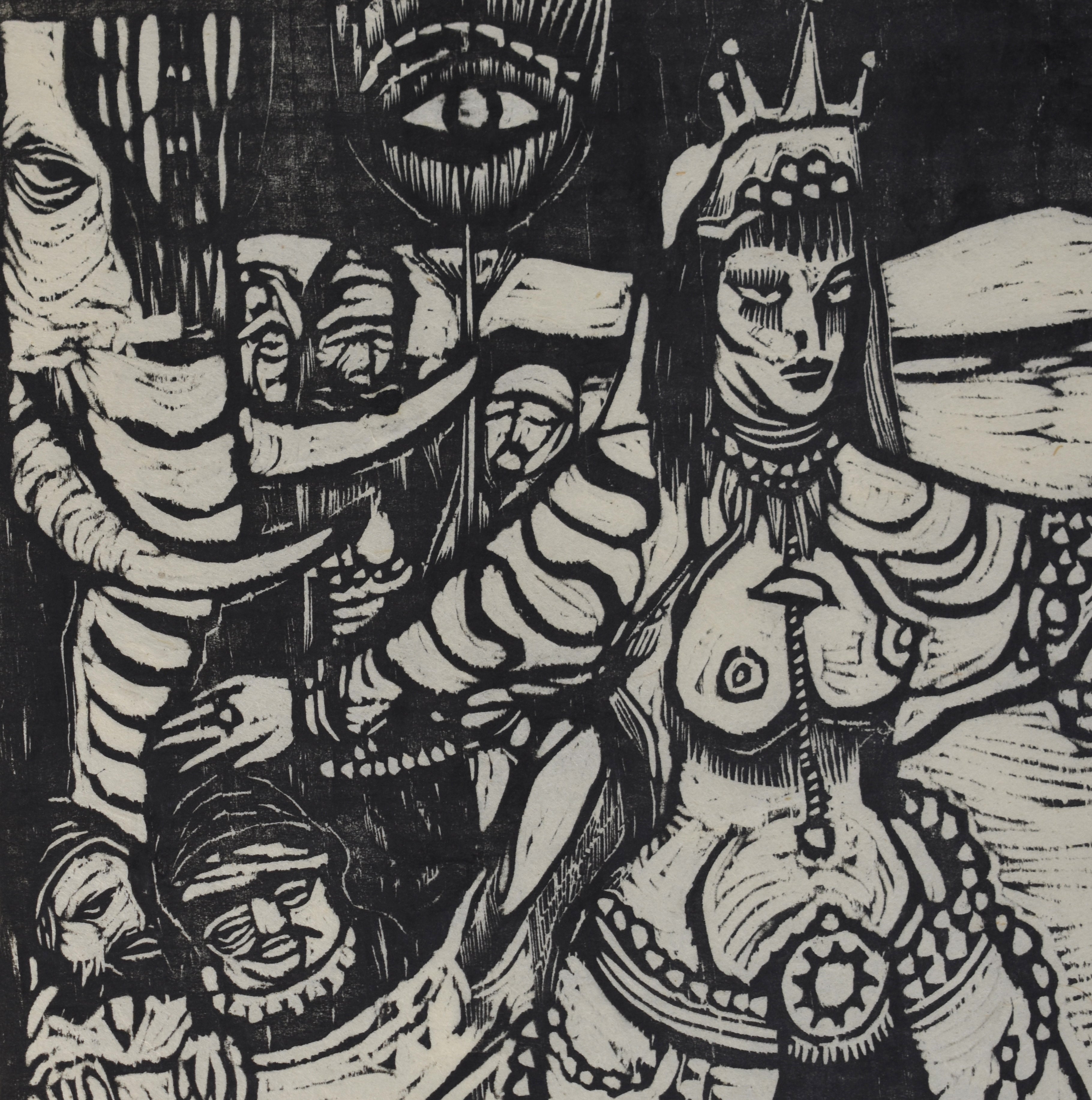 R.O. Tyler Black + White Woodcut Print, 'Temptation of St. Antony' Signed + Numbered