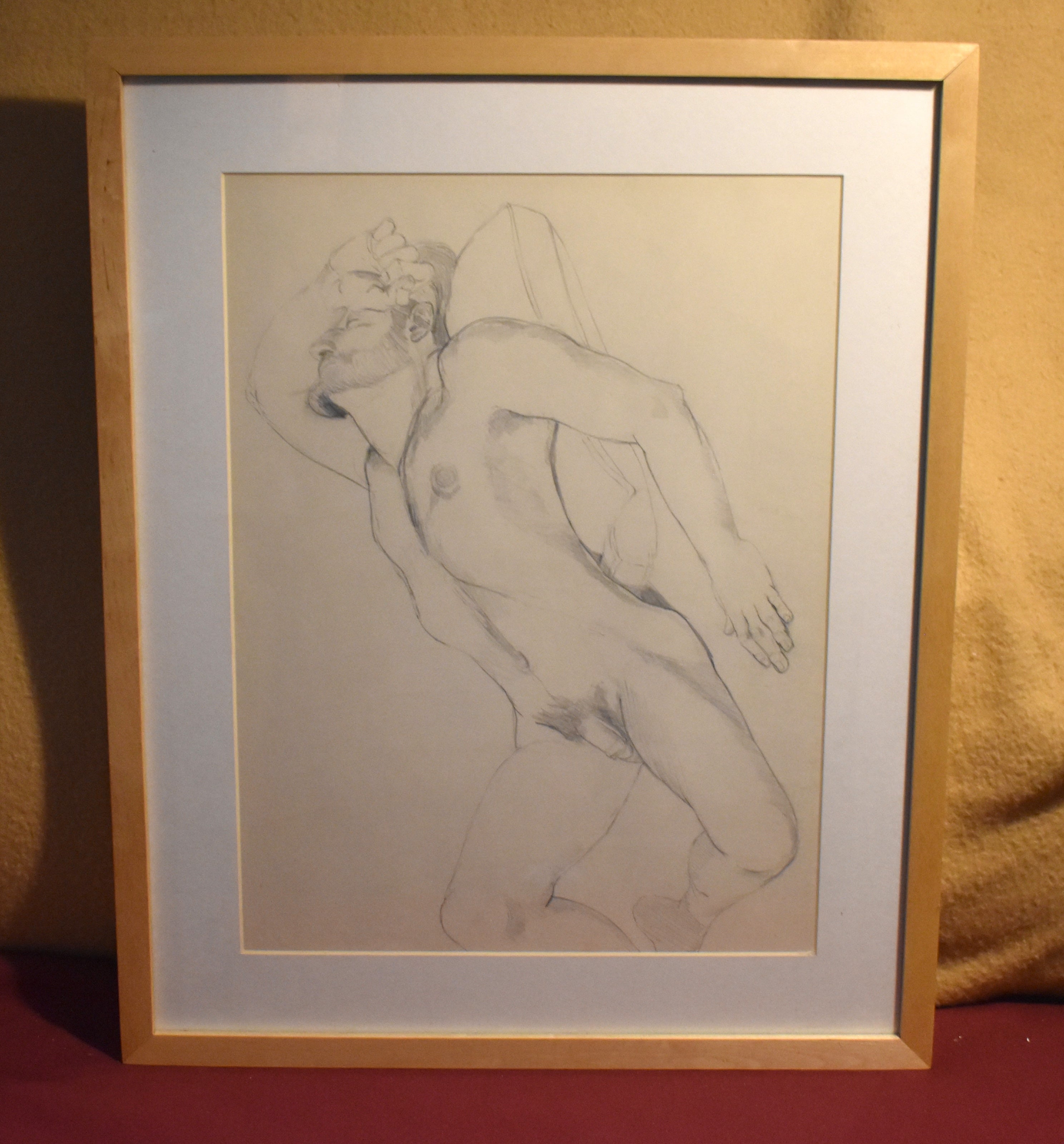 Vintage Framed Drawing / Print of A Nude Man, Pencil / Charcoal Drawing