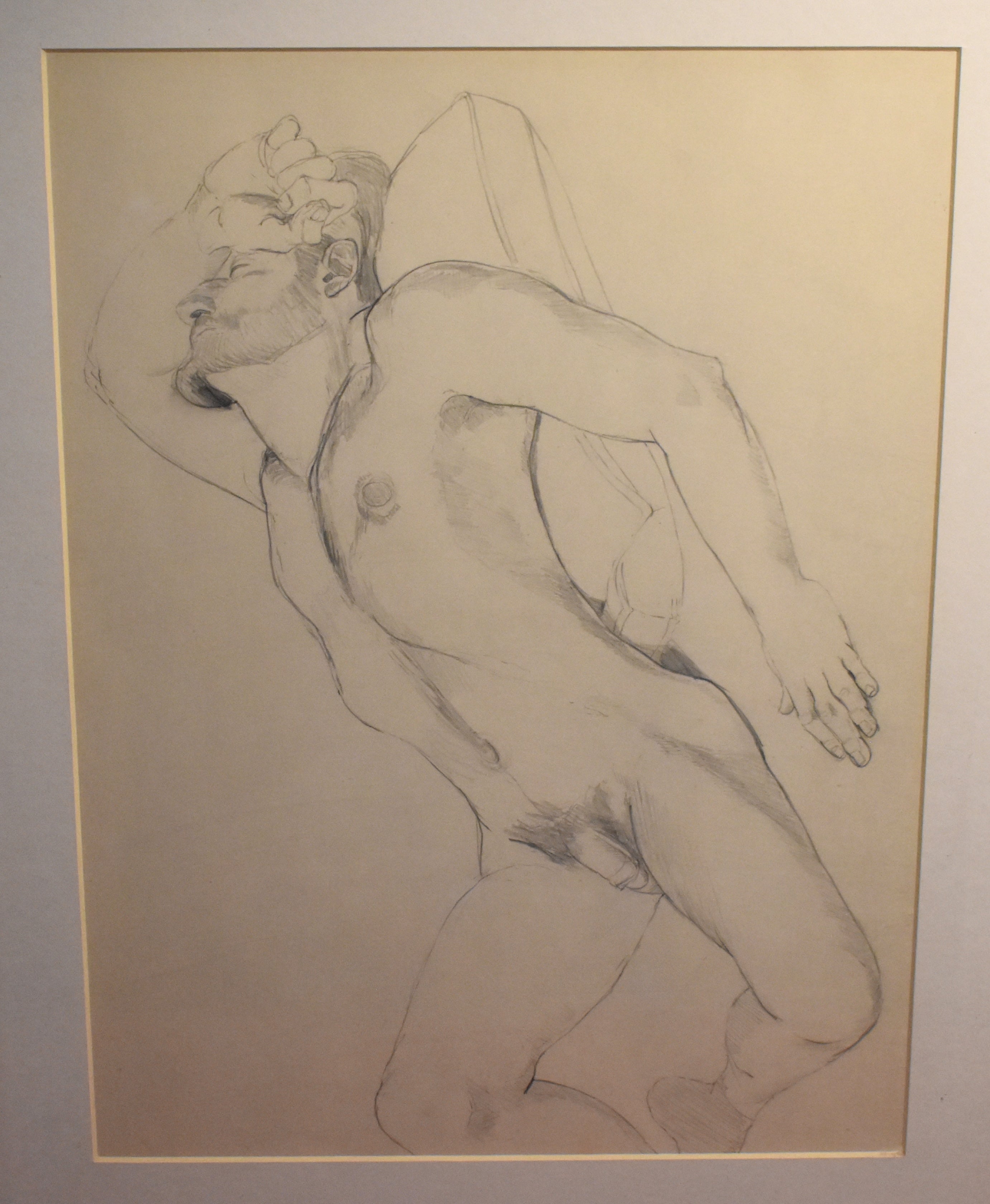 Vintage Framed Drawing / Print of A Nude Man, Pencil / Charcoal Drawing
