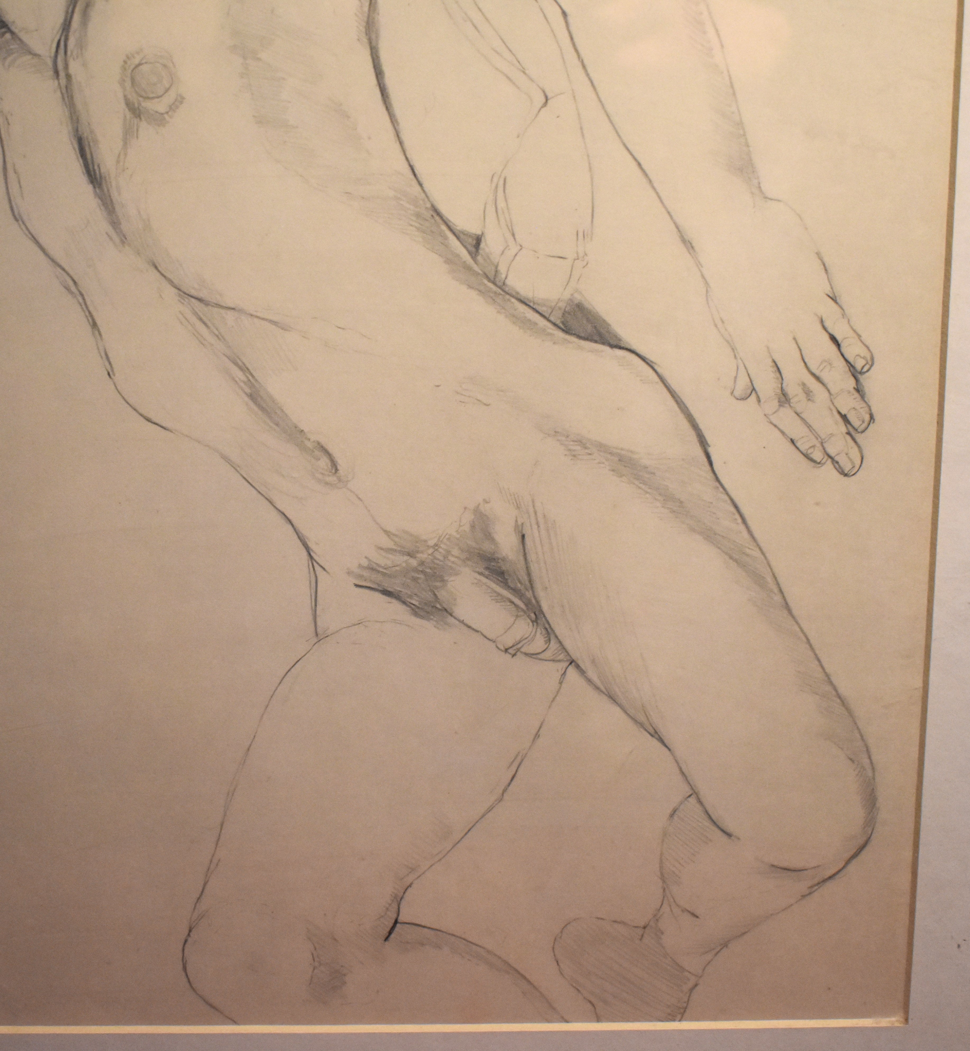 Vintage Framed Drawing / Print of A Nude Man, Pencil / Charcoal Drawing