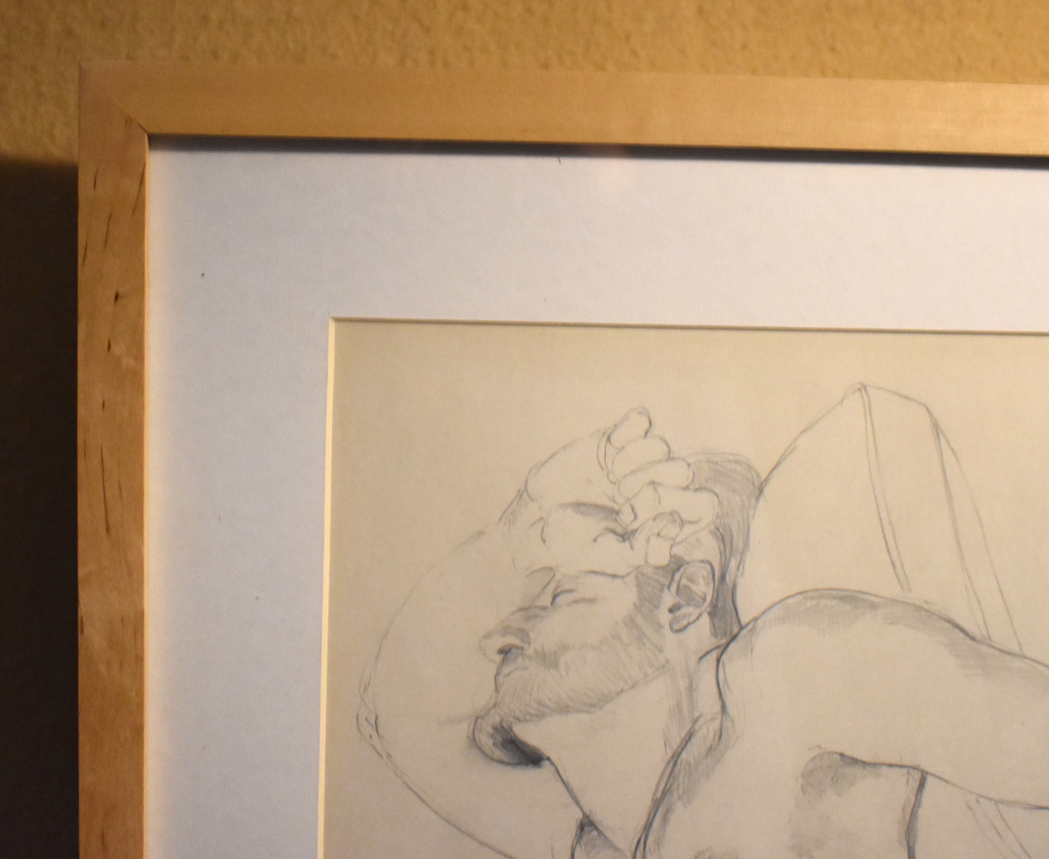 Vintage Framed Drawing / Print of A Nude Man, Pencil / Charcoal Drawing