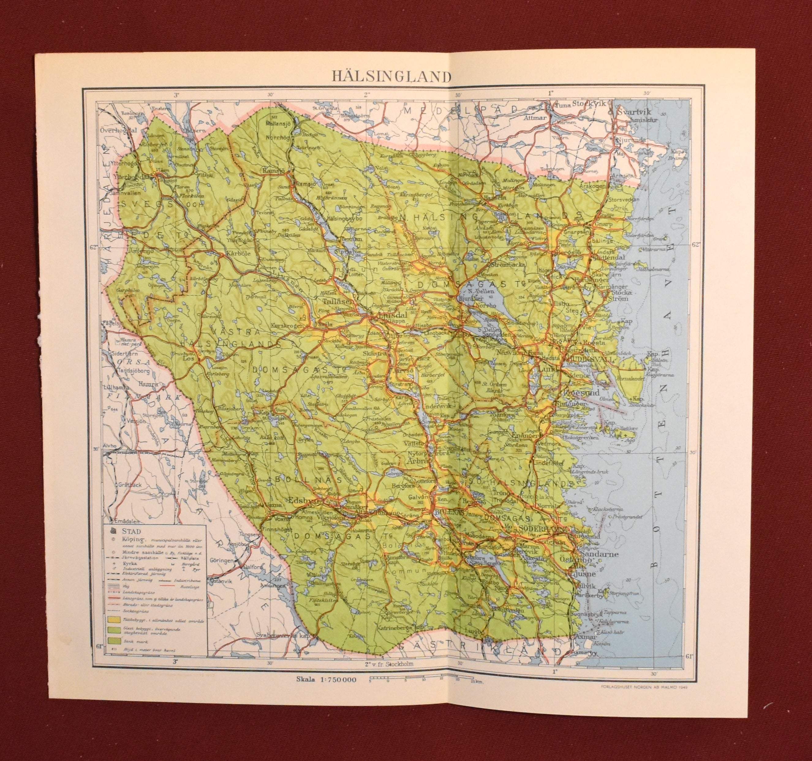 Map of Halsingland, Sweden, ‘Hälsingland' Swedish Encyclopedia Plate Forlagshuset