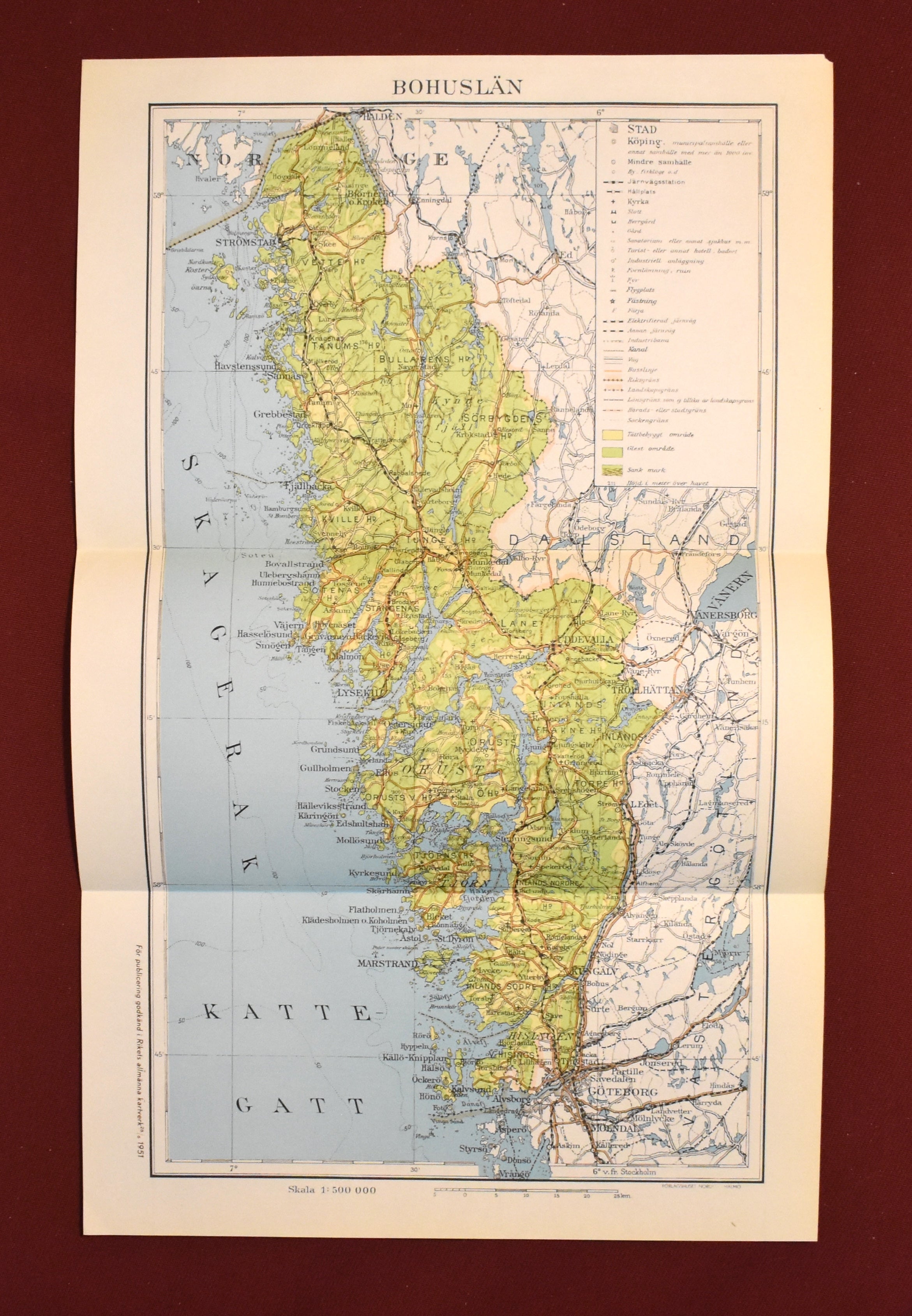 Map of Bohuslan Province, Sweden, ‘Bohuslän’ Swedish Encyclopedia Plate 1950's