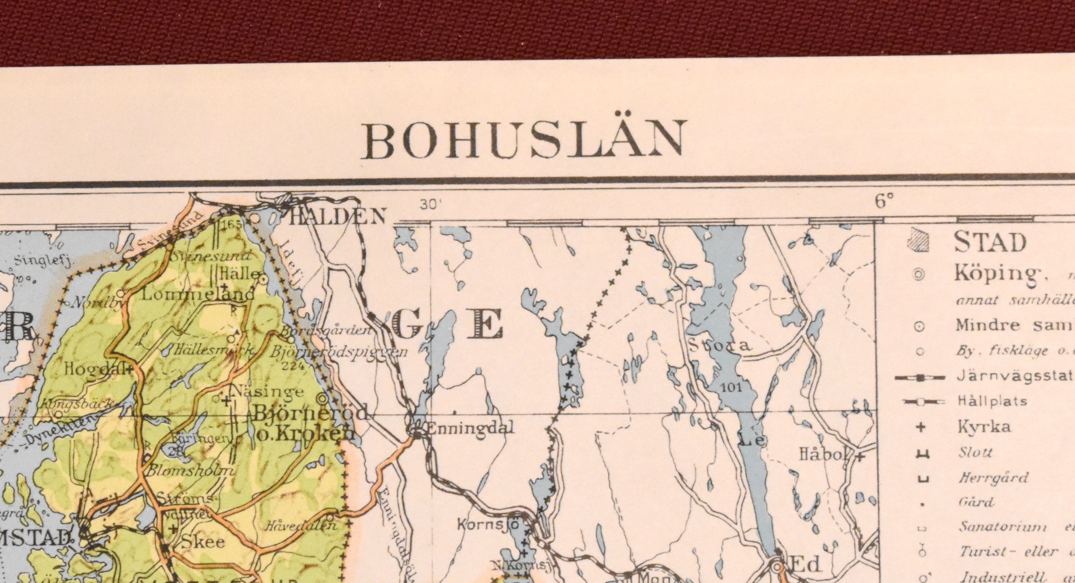 Map of Bohuslan Province, Sweden, ‘Bohuslän’ Swedish Encyclopedia Plate 1950's