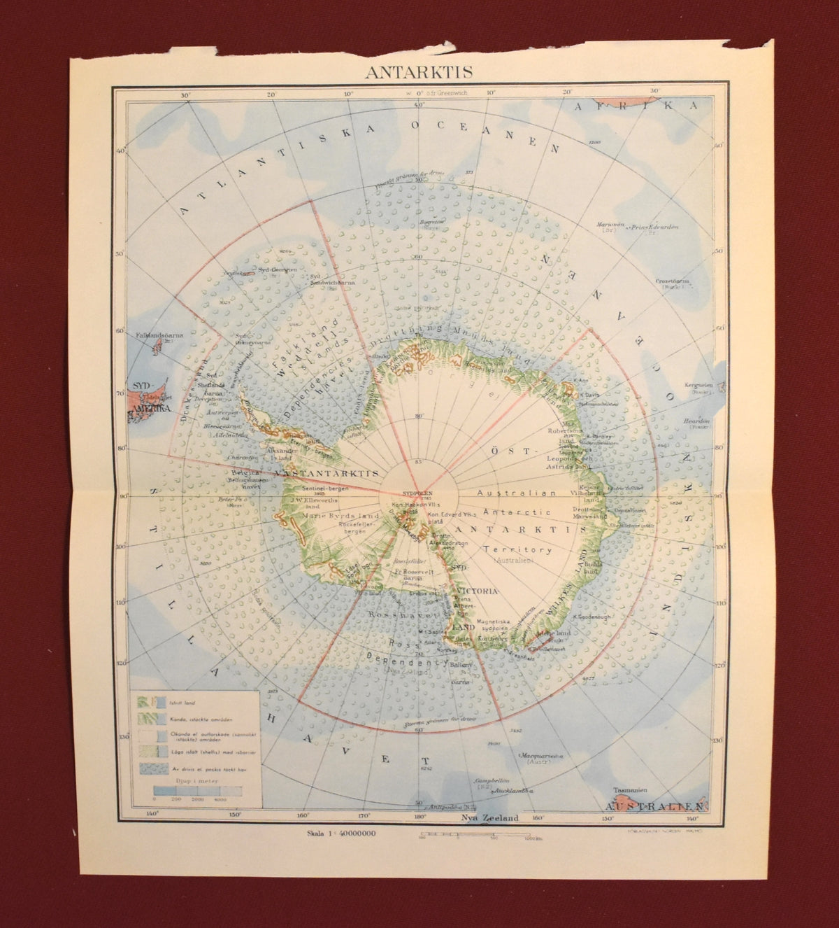 Map of Antarctica, ‘Antarktis’ Swedish Encyclopedia Plate, Forlagshuset Norden Malmo