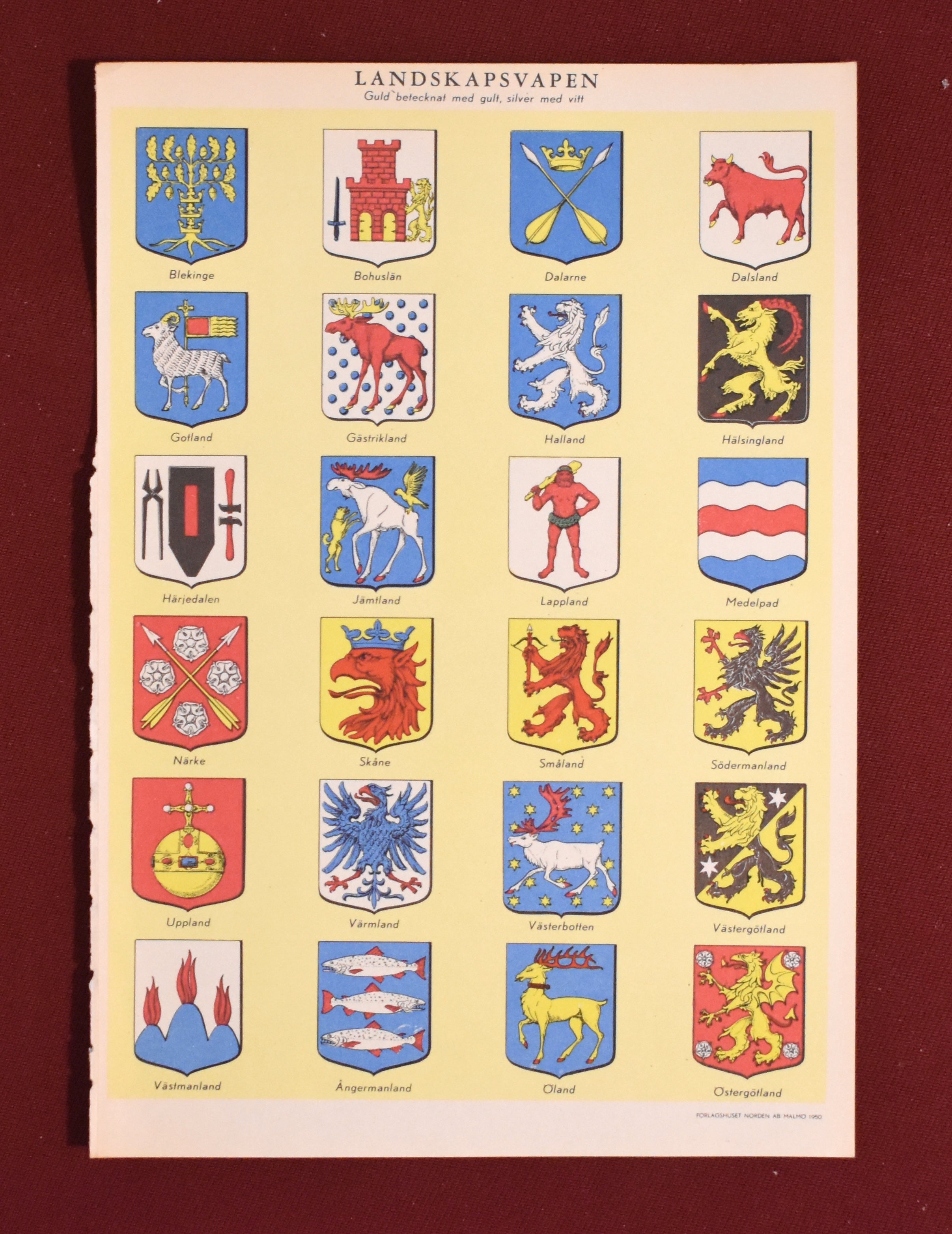Heraldic Coats of Arms for the Historical Provinces of Sweden, Encyclopedia Plate