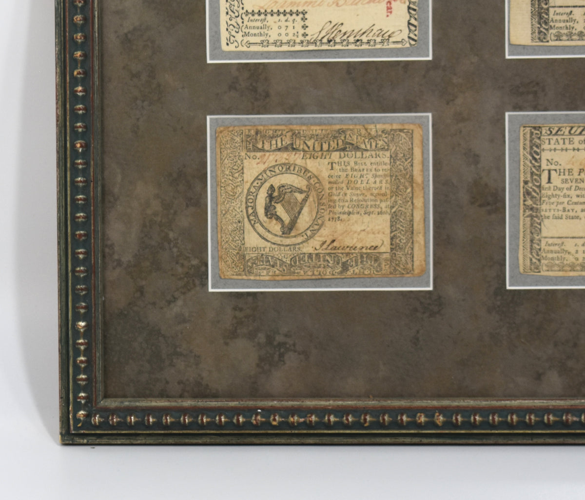 Framed Collection of Revolutionary War-Era and Colonial Paper Currency Notes