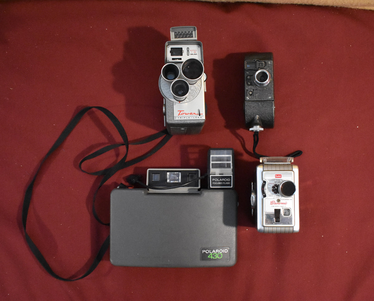 Lot of Four Vintage Cameras UNTESTED, Kodak, Polaroid, Filmo and Tower Triple