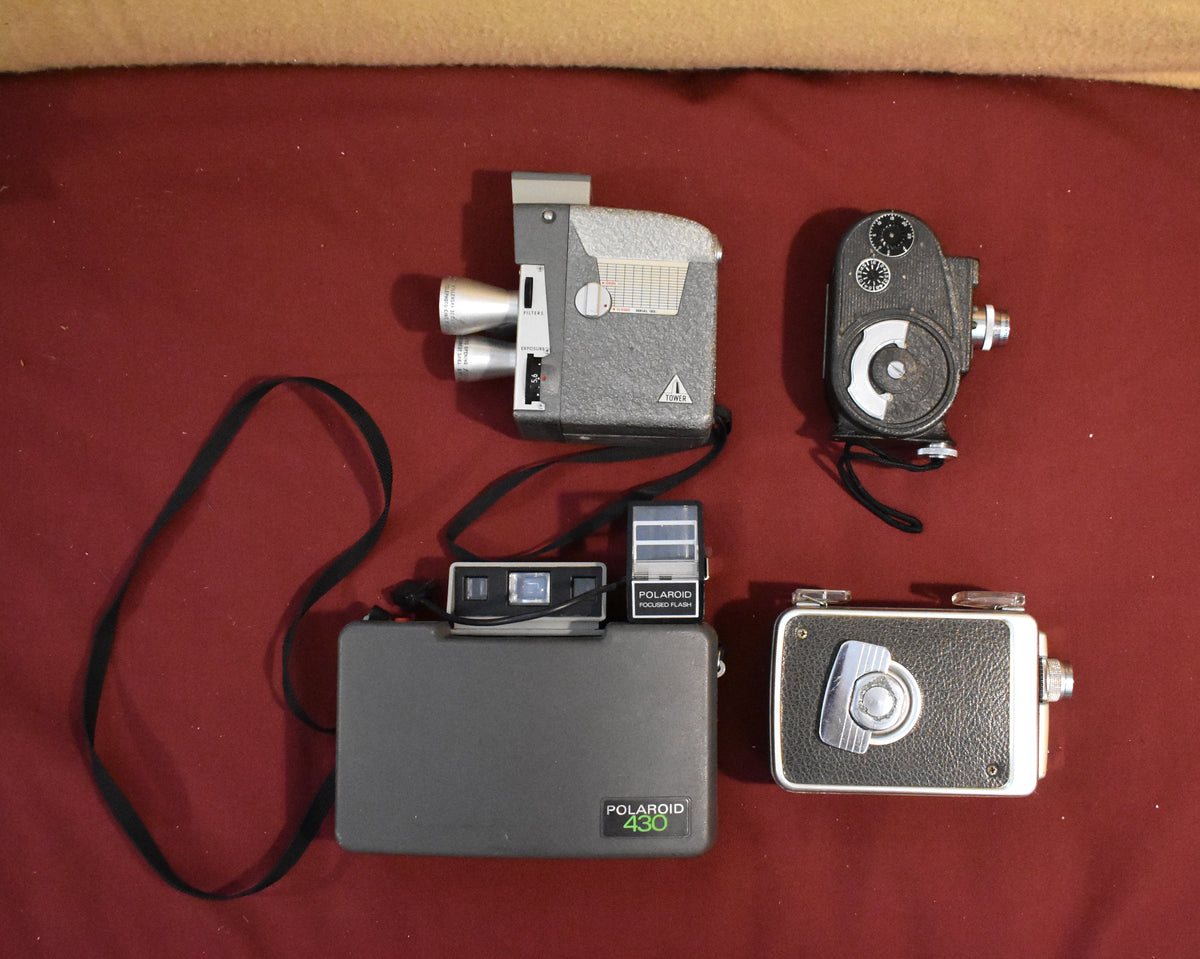 Lot of Four Vintage Cameras UNTESTED, Kodak, Polaroid, Filmo and Tower Triple