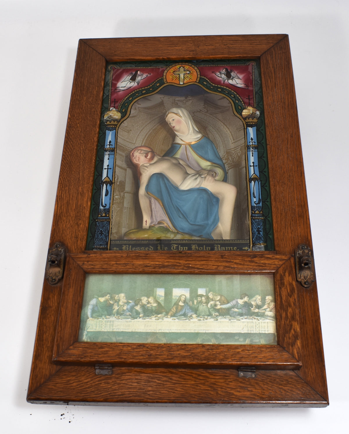 Antique Catholic Pietà “Last Rites” or “Sick Call” Wooden Shadow Box Cabinet
