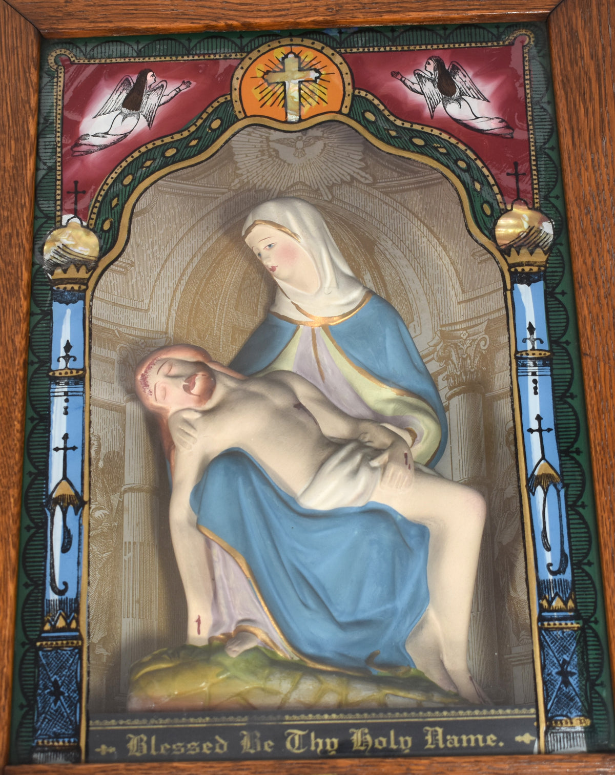 Antique Catholic Pietà “Last Rites” or “Sick Call” Wooden Shadow Box Cabinet