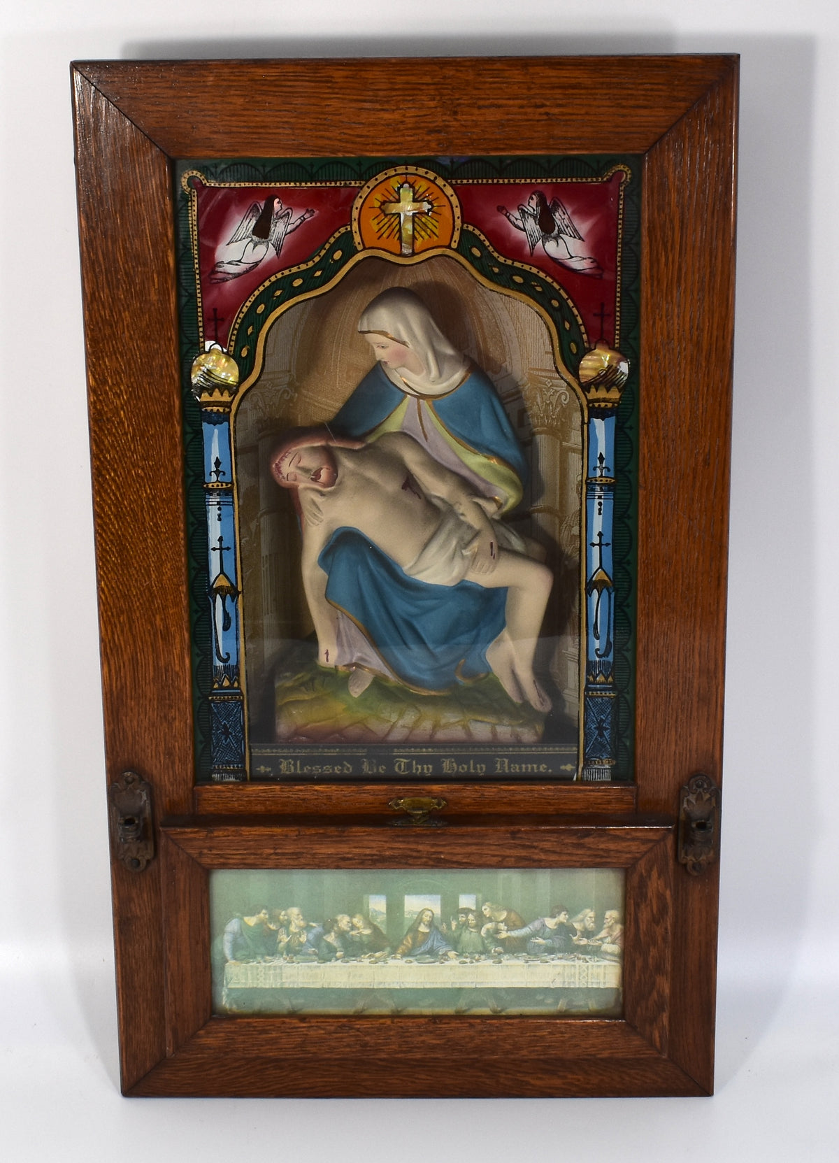 Antique Catholic Pietà “Last Rites” or “Sick Call” Wooden Shadow Box Cabinet