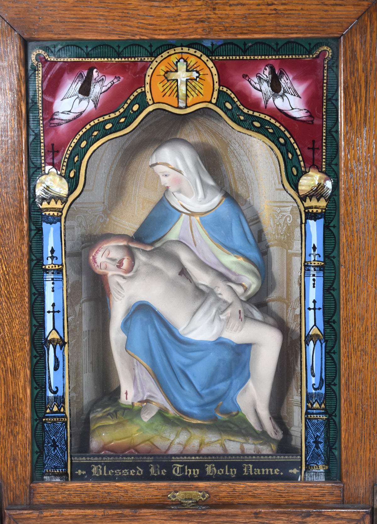 Antique Catholic Pietà “Last Rites” or “Sick Call” Wooden Shadow Box Cabinet